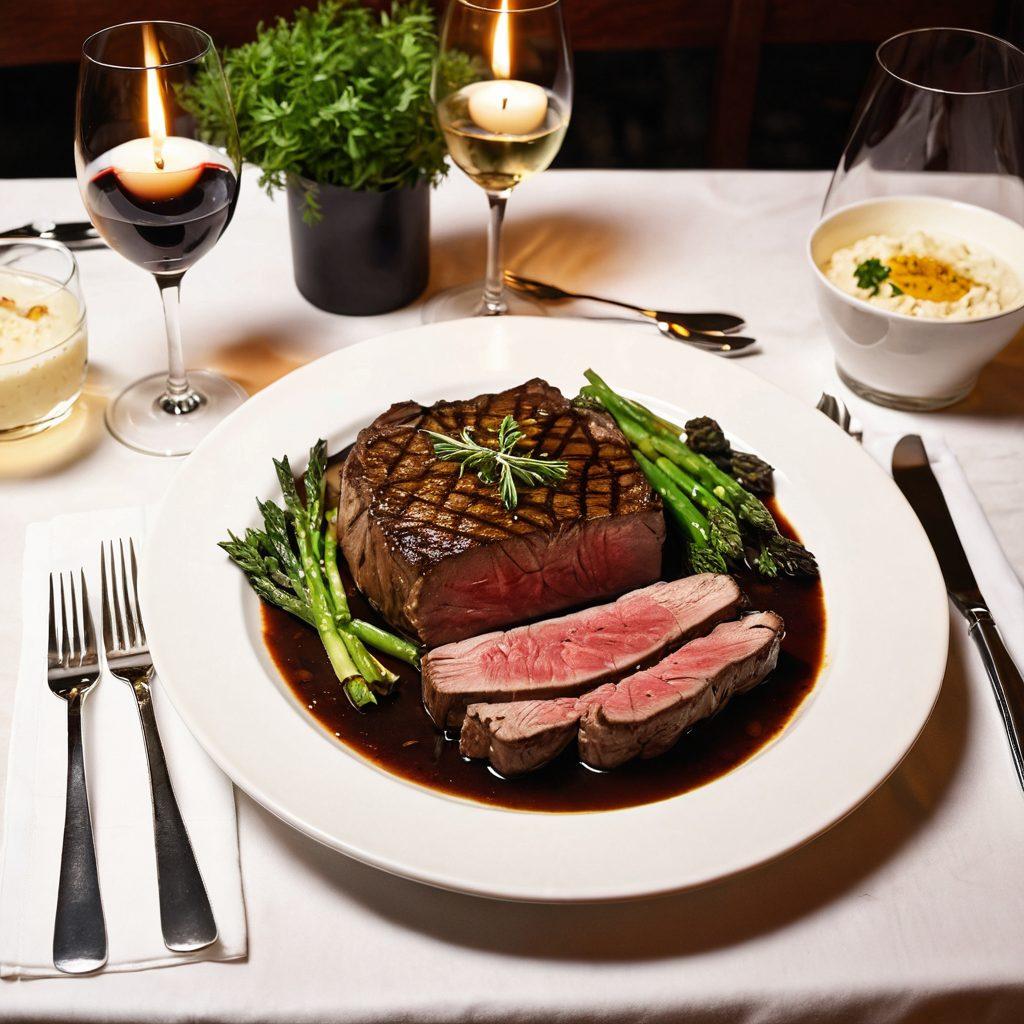 A beautifully arranged table setting featuring a perfectly cooked sizzling steak, garnished with fresh herbs and served on a hot platter. Surround the steak with vibrant gourmet sides like creamy mashed potatoes, grilled asparagus, and a rich red wine in an elegant glass. A warm ambient light casts a golden glow, enhancing the luxurious atmosphere of Ruth's Chris Steak House. Add subtle touches of fine dining decor in the background. super-realistic. vibrant colors. warm lighting.