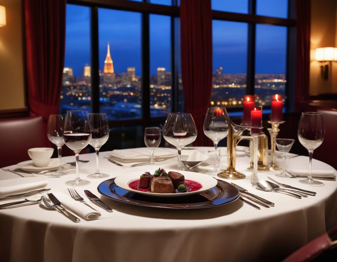 A beautifully set dining table at Ruth's Chris, featuring elegant plates with gourmet dishes, soft candlelight casting a warm glow, a glass of red wine, and plush seating in a sophisticated restaurant ambiance. Include a decadent dessert on the side and a scenic view through a window. super-realistic. vibrant colors. elegant atmosphere.