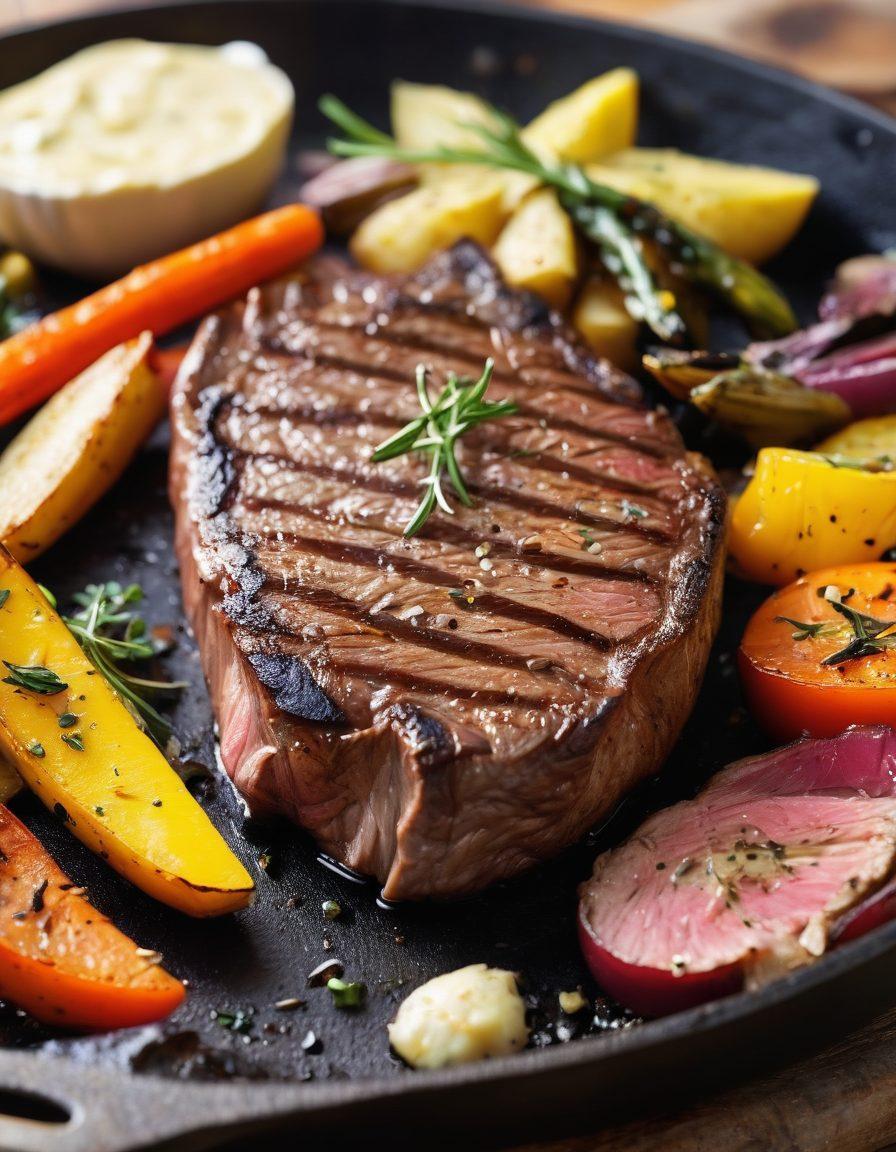 A mouth-watering close-up of a perfectly grilled steak sizzling on a cast-iron skillet, surrounded by colorful sides like roasted vegetables and garlic herb butter. Include a blurred rustic kitchen background with warm lighting to evoke comfort. The steak should have vibrant grill marks and glistening juices for an inviting look. super-realistic. vibrant colors. warm lighting.